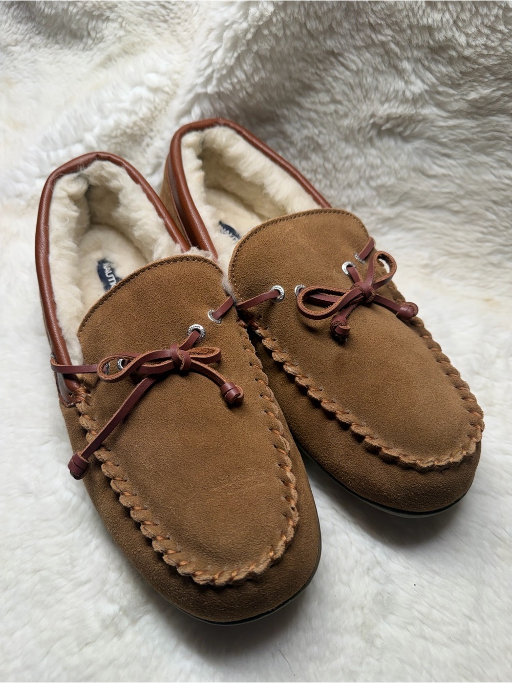 11-12 Men's Brown Suede Moccasin Slippers with Shearling Lining